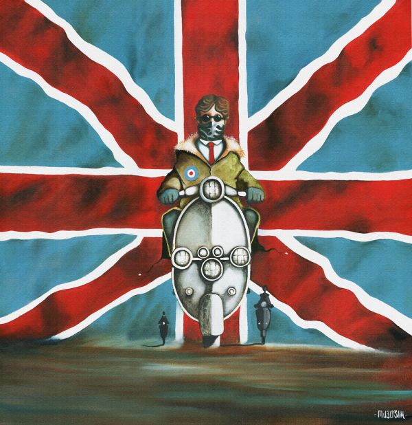 The Lone Ranger original oil painting on box canvas by Mike Jackson featuring a man on a scooter with British flag background