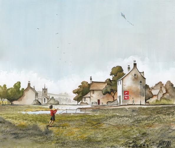 Boy flying kite near village homes painting by Mike Jackson