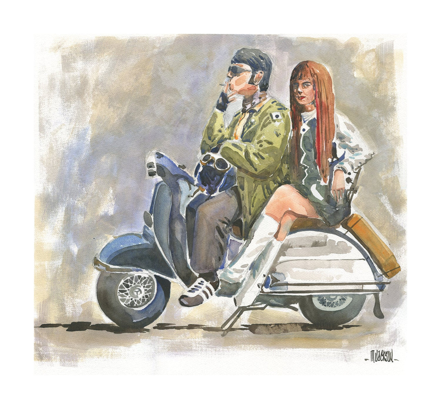 Watercolour painting by Mike Jackson of a vintage scooter with a man and woman sitting on it