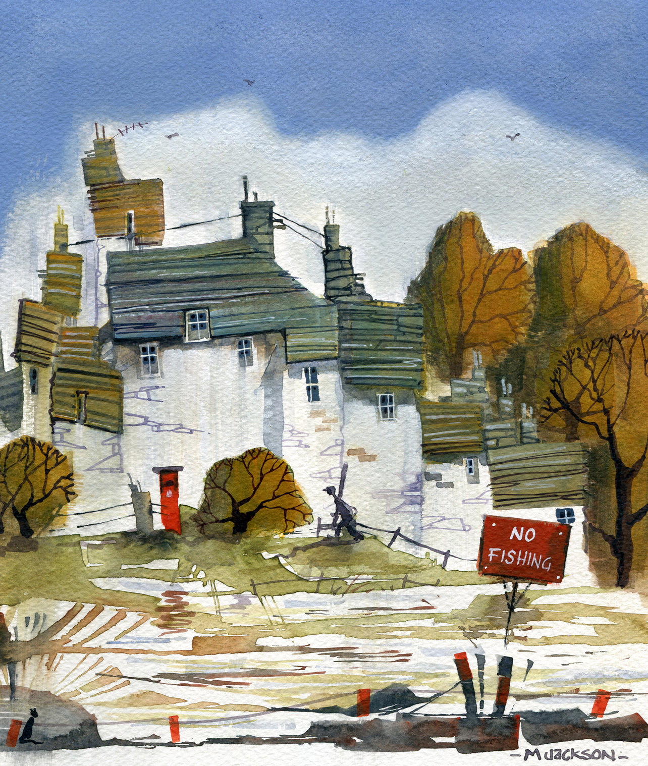 Watercolour painting "No Fishing" by Mike Jackson depicting quaint houses with chimneys and autumn trees under a blue sky.