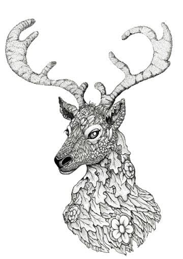Intricate black and white pen and ink drawing of a stag with detailed textured antlers and floral patterns by Mike Jackson