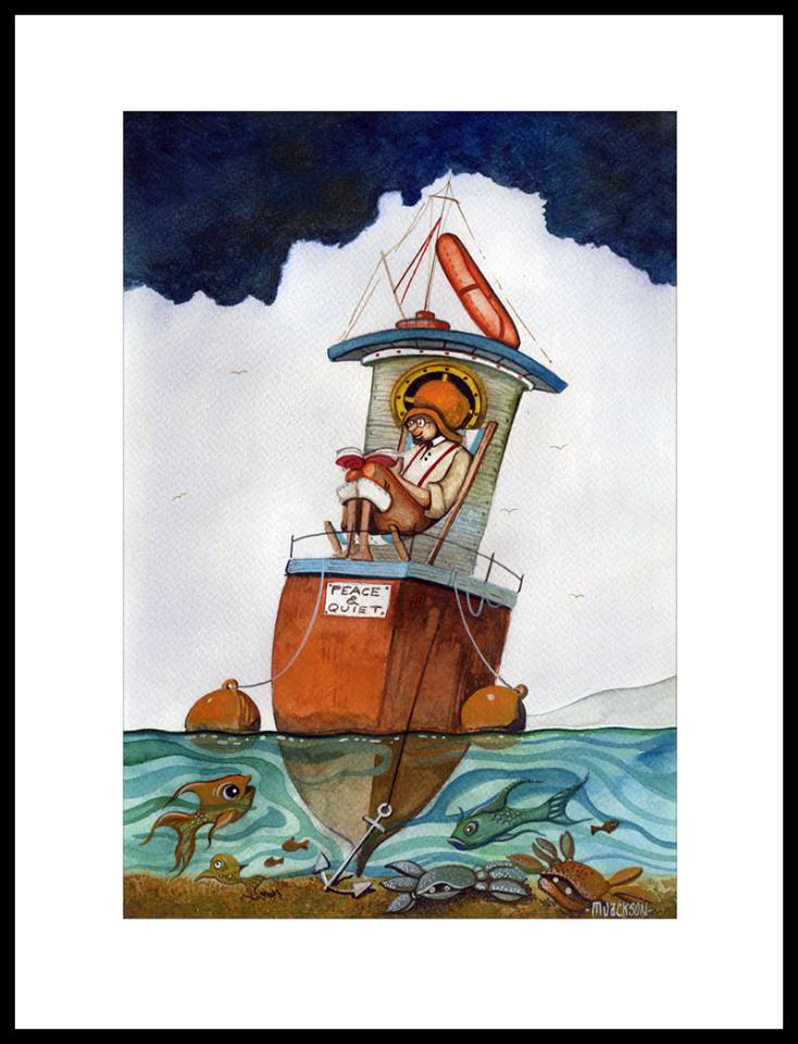 Watercolour painting Peace And Quiet by Mike Jackson showing a person reading on a buoy at sea with underwater fish and crab.