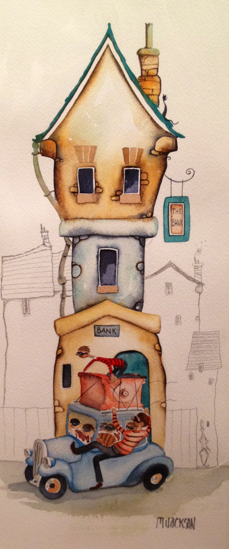 Smash And Grab original watercolor painting by Mike Jackson of a whimsical tall house with a vintage car and bank scene