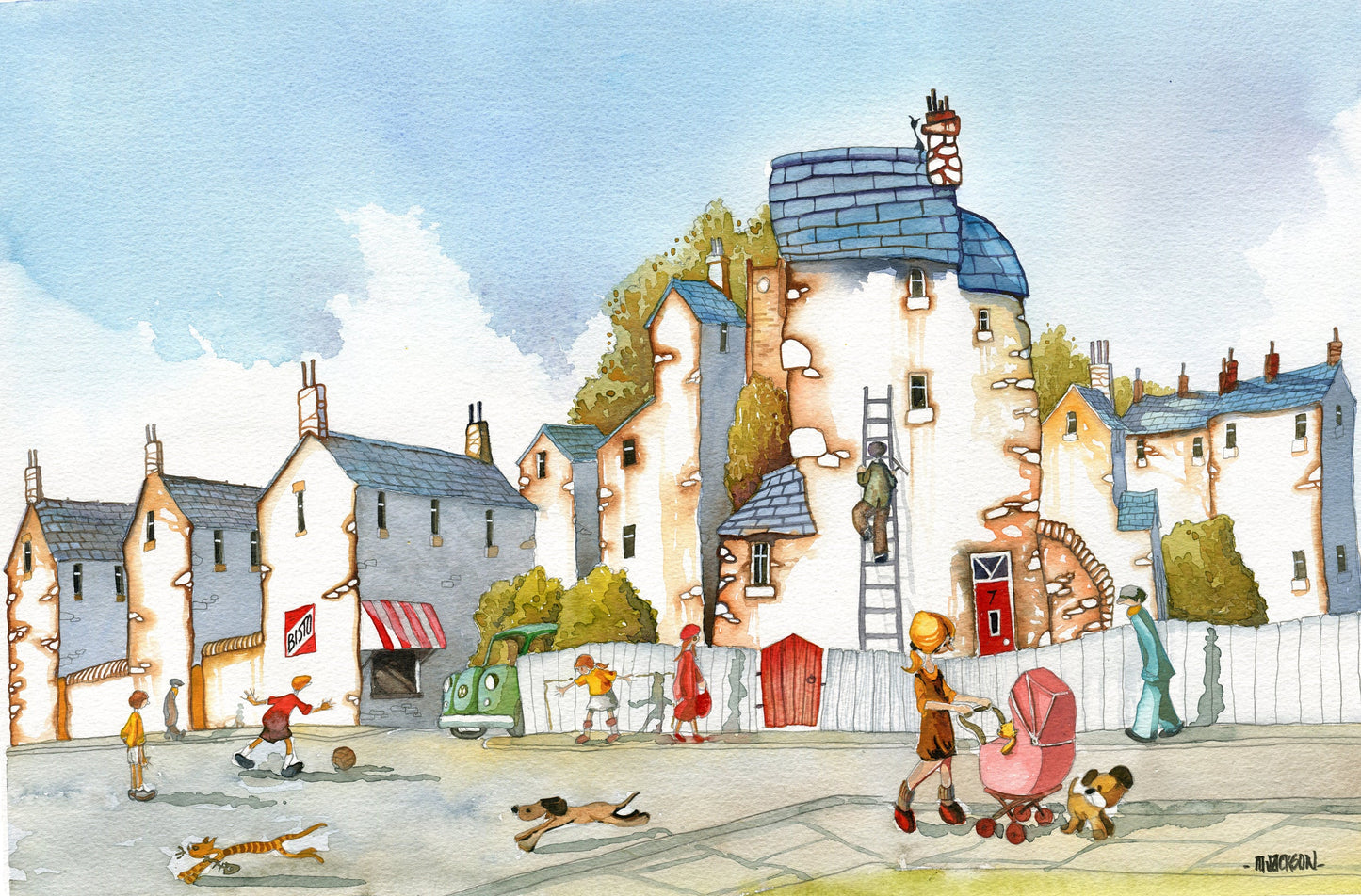 Watercolour painting by Mike Jackson showing children and adults playing outside near white houses with slate roofs and a green van.