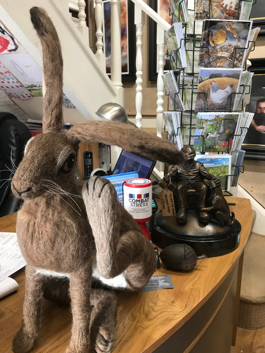 Maxine Lowery Needlefelt Scratching Hare Original - The Acorn Gallery, Pocklington