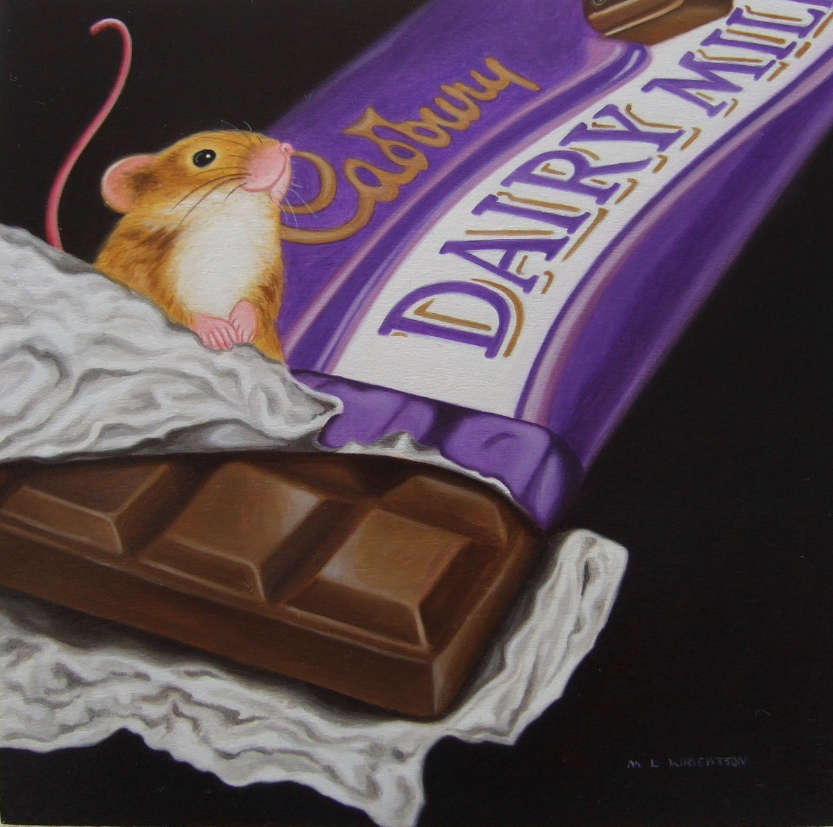 Giclée print by Marie Louise Wrightson, featuring a brown-and-white mouse with a purple Dairy Milk chocolate bar.