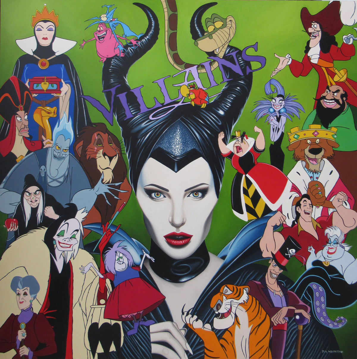 Limited edition print by Marie Louise Wrightson, colorful Maleficent portrait surrounded by Disney villains on green.