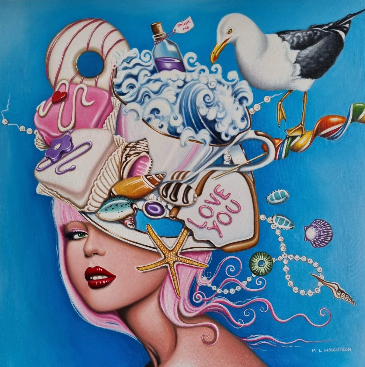 Limited-edition giclée print by Marie Louise Wrightson, a surreal seaside portrait with a dessert-covered hat and seagull.
