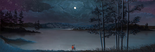 Mackenzie Thorpe pastel painting "Making A Wish" depicting a serene lakeside night scene with moonlight and starry sky