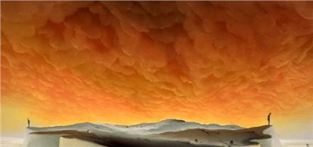 Mackenzie Thorpe Coast To Coast limited edition print with dramatic orange sky and silhouetted figures on a ridge