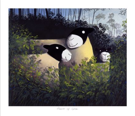 Heart Of Gold limited edition print by Mackenzie Thorpe featuring stylized sheep in a forest setting