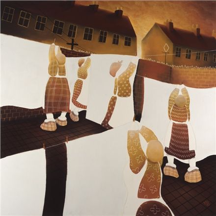 Mackenzie Thorpe limited edition print In St. Paul's Road featuring stylized figures in warm tones