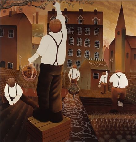 In The Garden by Mackenzie Thorpe showing figures in vintage clothing working in a garden with buildings in the background
