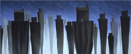 Leap Of Faith limited edition print by Mackenzie Thorpe showing abstract tall figures against a blue sky background