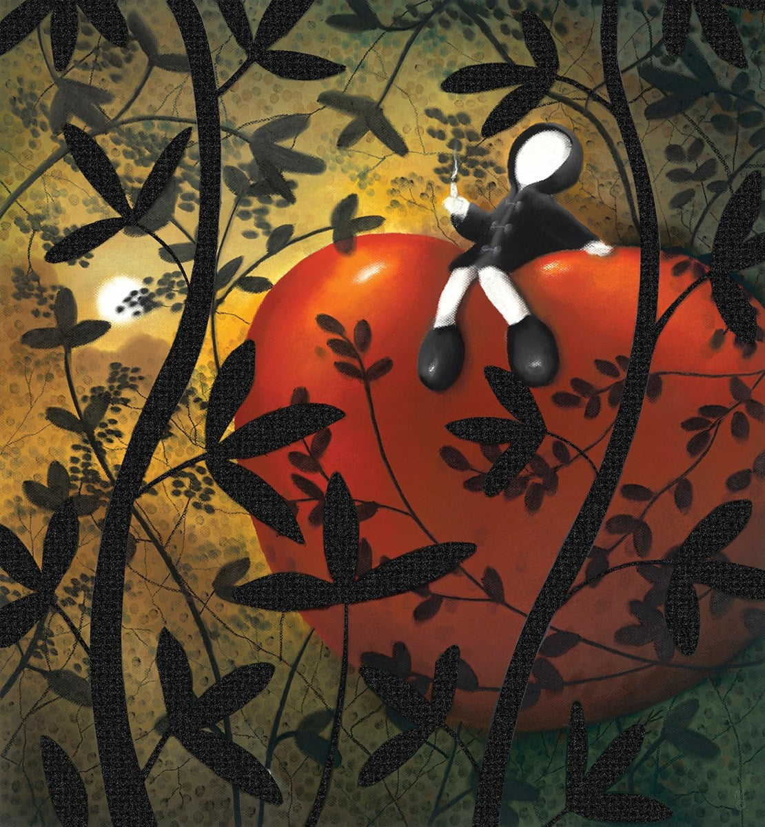 Mackenzie Thorpe Light Of My Life print showing figure sitting on glowing heart with black diamond dust embellishment