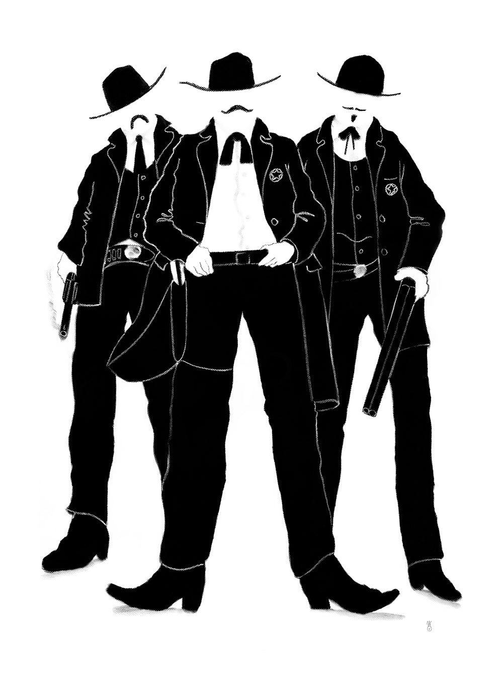 Black and white limited edition print "OK Corral" by Mackenzie Thorpe featuring three cowboy figures with hats and guns.