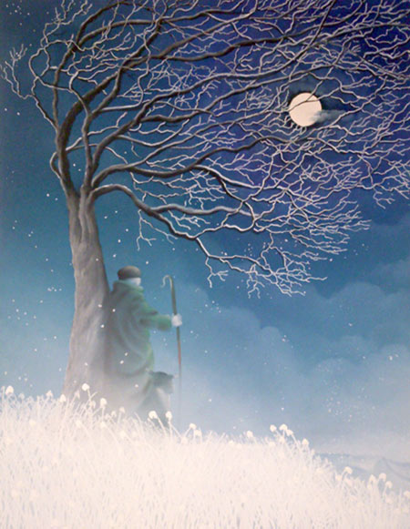 Snowdrops limited edition print by Mackenzie Thorpe featuring a figure under a tree at night with a full moon