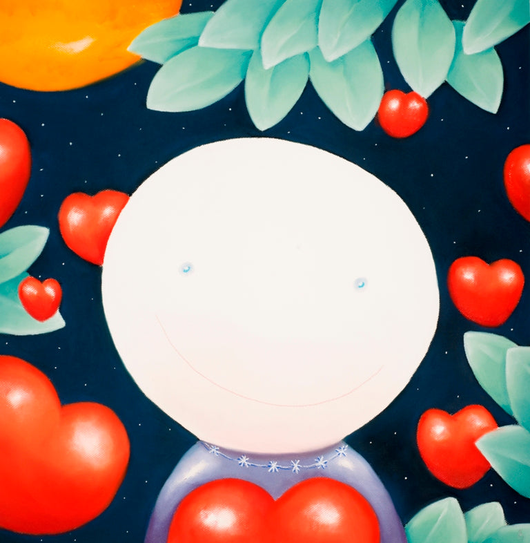 Limited edition Mackenzie Thorpe print titled Summer Love with smiling figure and red hearts against a dark background