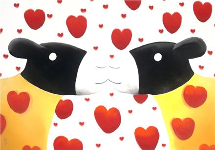 The Kiss by Mackenzie Thorpe featuring two stylized kissing dogs surrounded by red hearts in a limited edition signed print