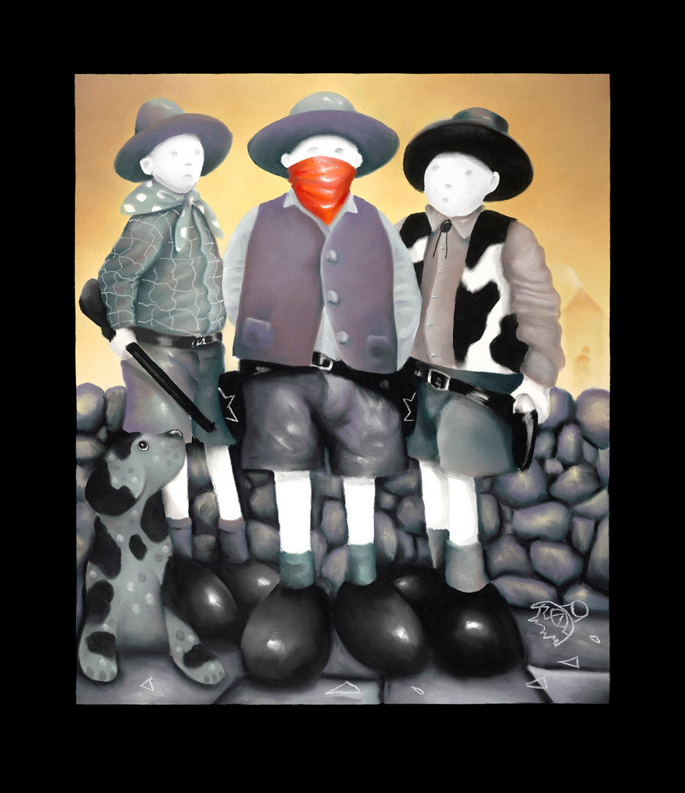 The Outlaw limited edition print by Mackenzie Thorpe featuring three stylized boys and a dog with muted colors and a warm background