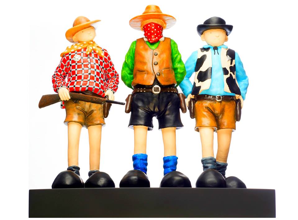 The Outlaws limited edition hand painted cast resin sculpture by Mackenzie Thorpe featuring three stylized cowboy figures
