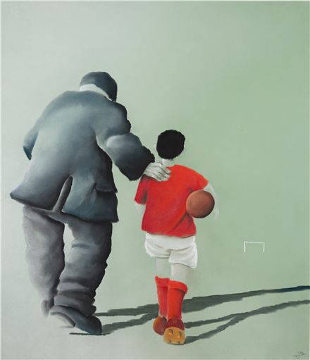 The Perfect Match limited edition print by Mackenzie Thorpe showing a man and child walking with a football.