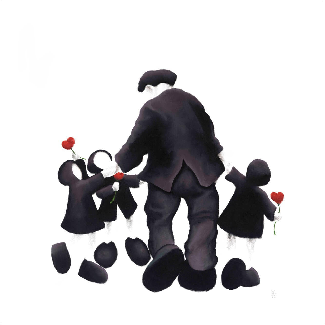 Three Times The Love by Mackenzie Thorpe family artwork with three children holding red flowers and an adult figure in black silhouette style