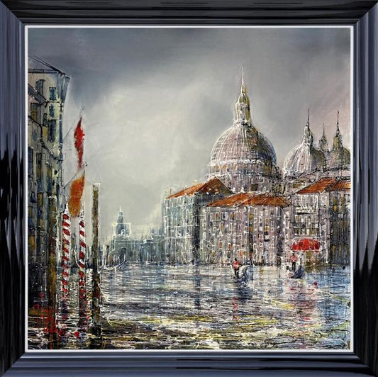 Cloudy Venice cityscape painting on aluminium by Nigel Cooke in black glossy frame