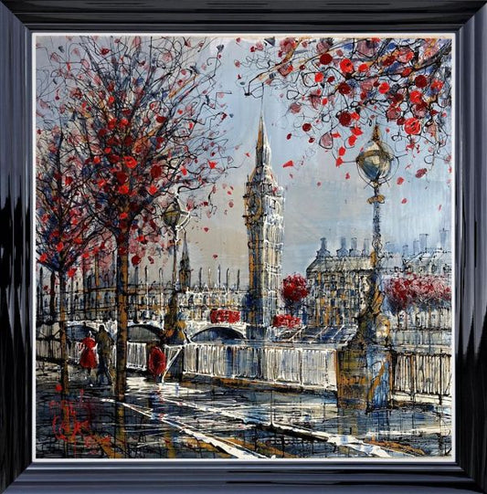 Original London cityscape painting on aluminium by Nigel Cooke in black gloss frame