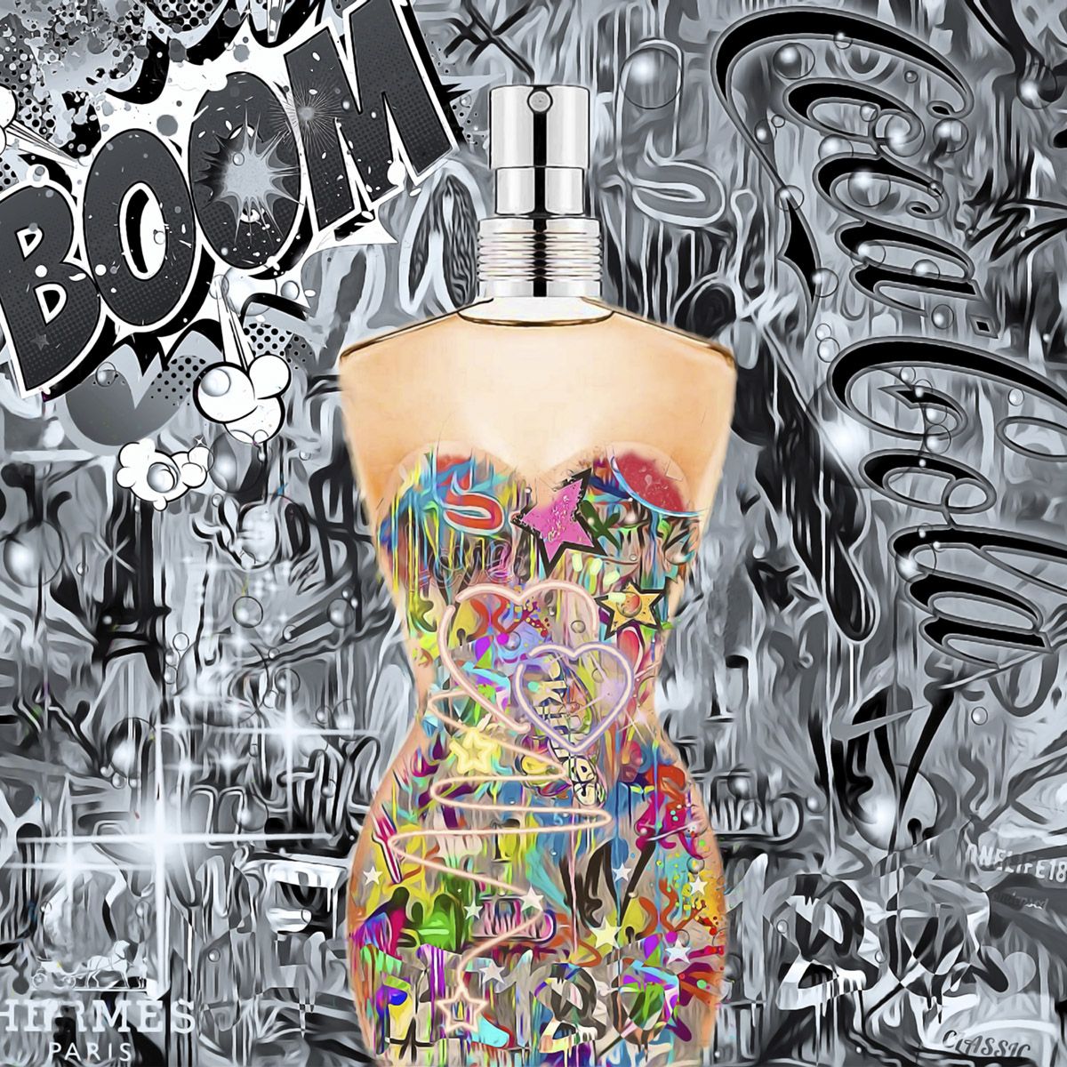 Limited edition Onelife183 pop art print featuring a perfume bottle on a colorful, graffiti-patterned corset-shaped design against grayscale comic art.