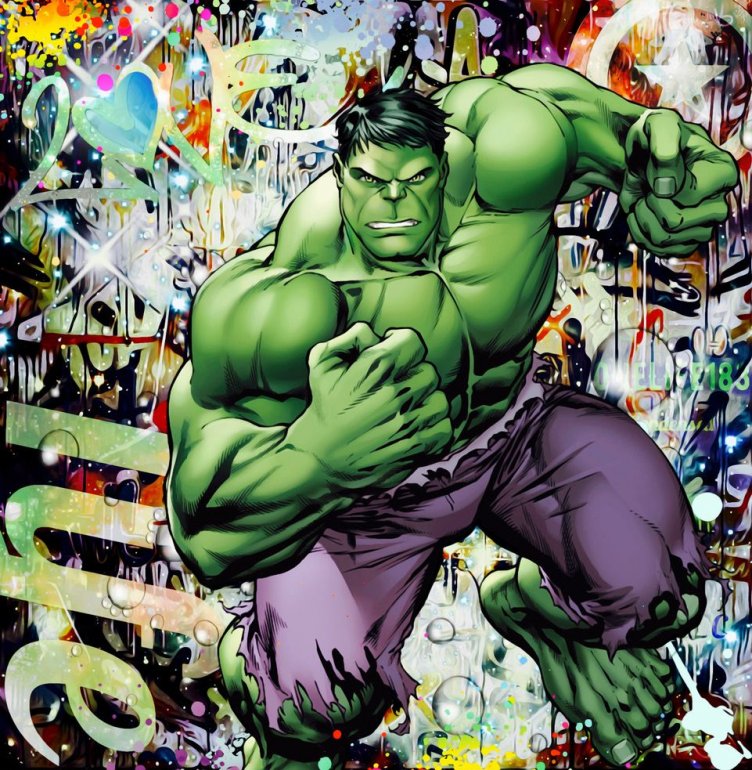 Pop art print by Onelife183 featuring the green Hulk with clenched fists, torn purple trousers and a graffiti-style collage pattern.