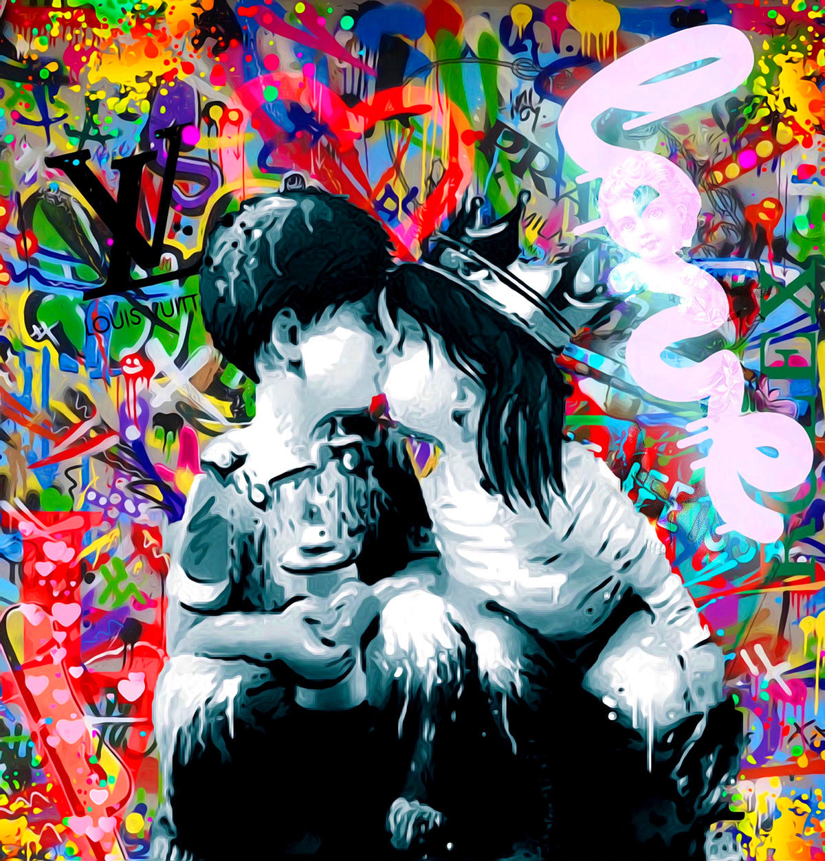 Pop art print by Onelife183, featuring a black-and-white young couple embracing amid vivid multicoloured graffiti and splashes of paint.