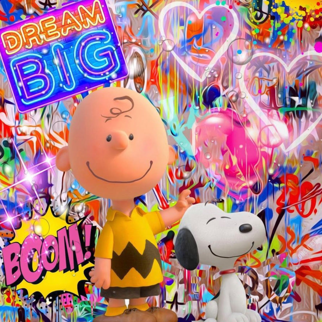 Pop art print by Onelife183, featuring a smiling boy and dog amid vibrant graffiti, comic lettering and bold colours.