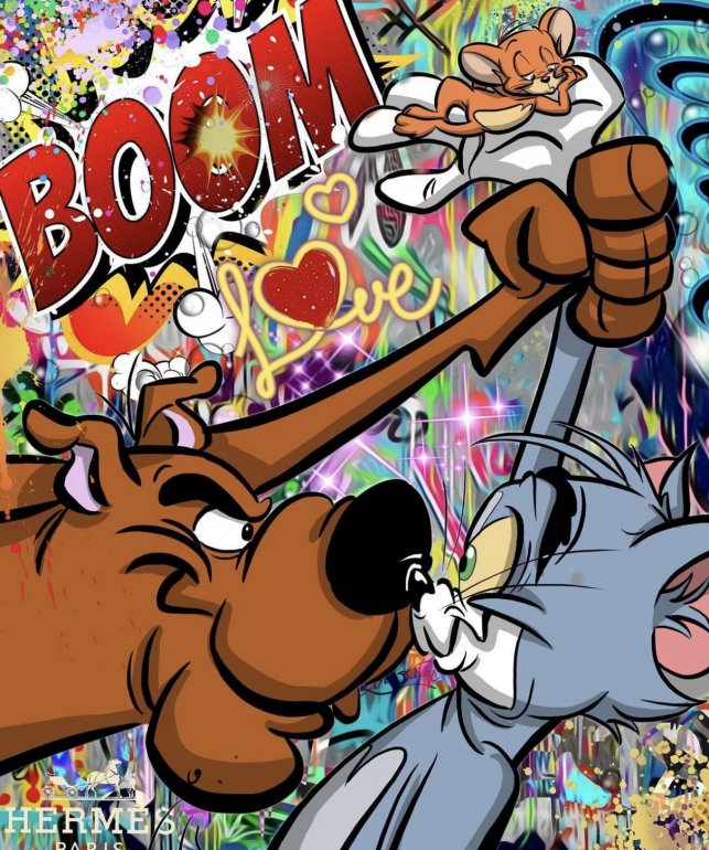 Pop art print by Onelife183, featuring Tom and Jerry with a grumpy mouse, bold comic-style colours and graffiti details.