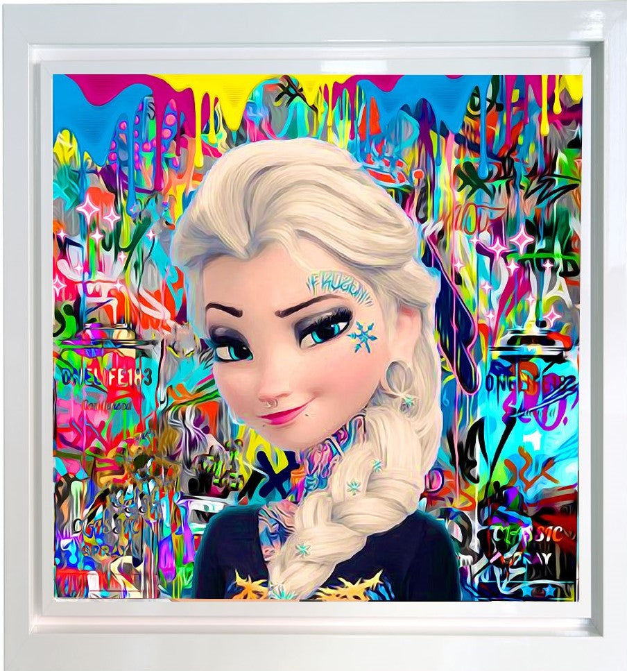 Limited edition Onelife183 Ice Ice Baby Elsa pop art print with vibrant graffiti background and hand embellishments