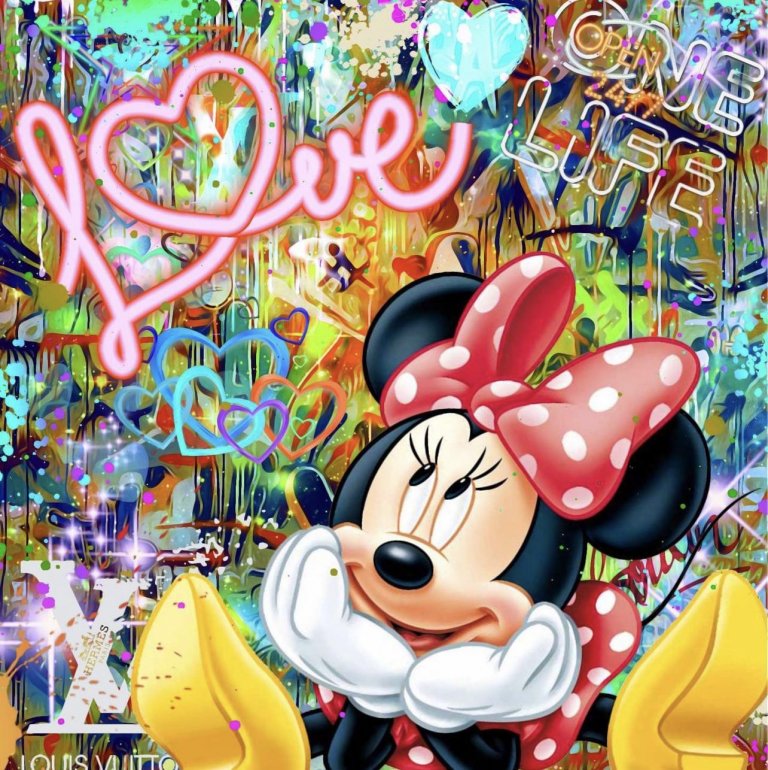 Pop art print by Onelife183, featuring doe-eyed Minnie Mouse with a red polka-dot bow amid colourful graffiti lettering and splashes.