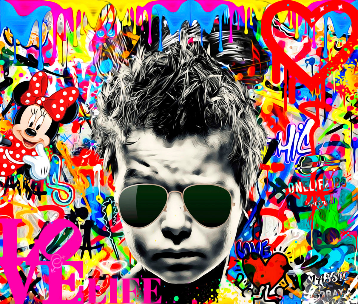 Pop art print by Onelife183 featuring a black-and-white portrait in dark sunglasses amid vivid graffiti and cartoon motifs.