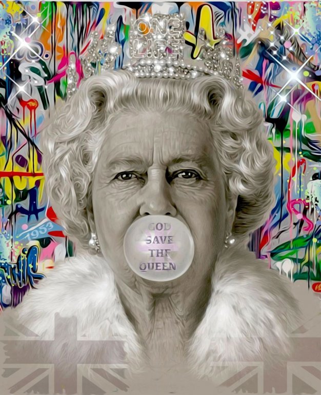 Pop art print by Onelife183 featuring Queen Elizabeth in a jeweled crown and white fur, blowing a “God Save the Queen” bubble gum bubble against graffiti graphics.