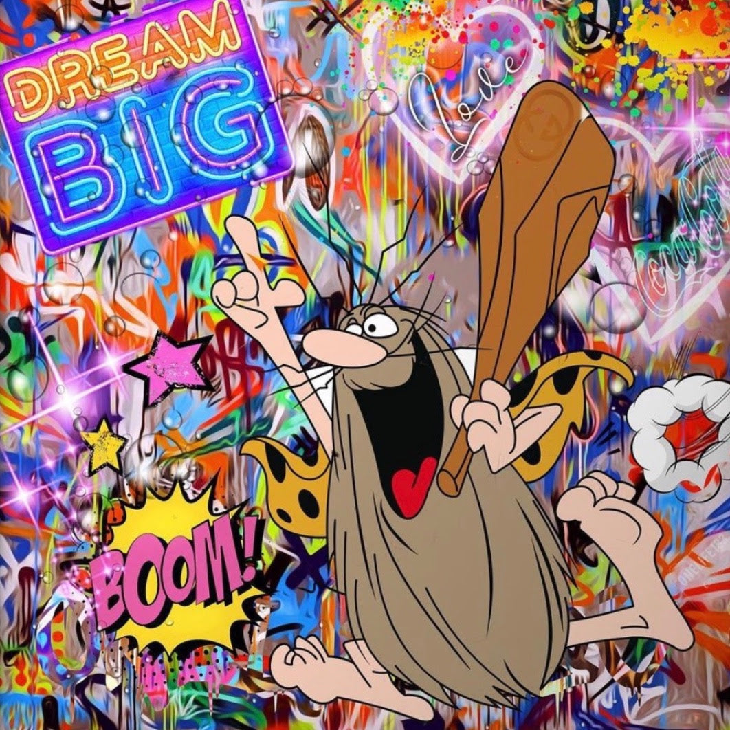 Pop art print by Onelife183, a cartoon caveman with a wooden club amid vivid graffiti, stars and comic-style text.
