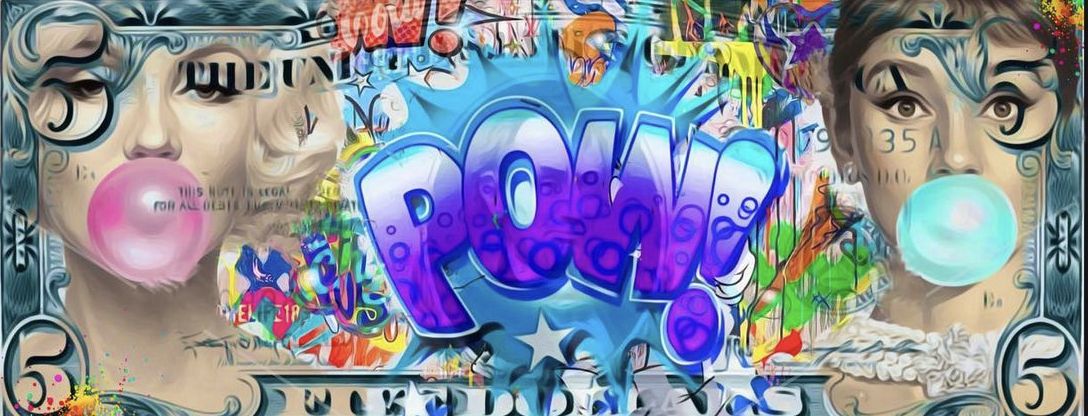 Pop art print by Onelife183 featuring bold purple bubble lettering, painted portrait faces and a colourful collage on a banknote-style design.