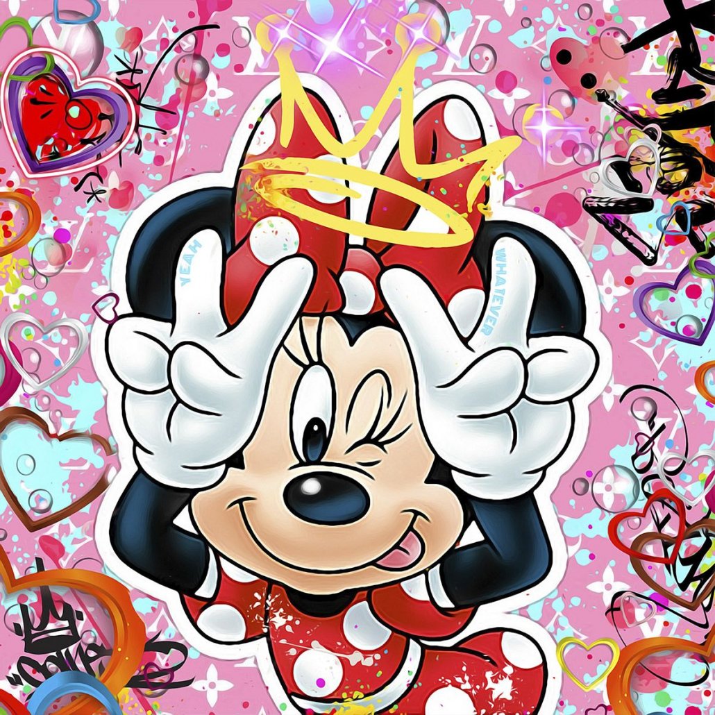 Pop art print by Onelife183 featuring Minnie Mouse in red and white polka dots, a gold crown and hearts.