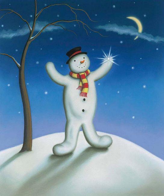 Paul Horton painting of a joyful snowman holding a glowing star on a snowy hill under a crescent moon at night