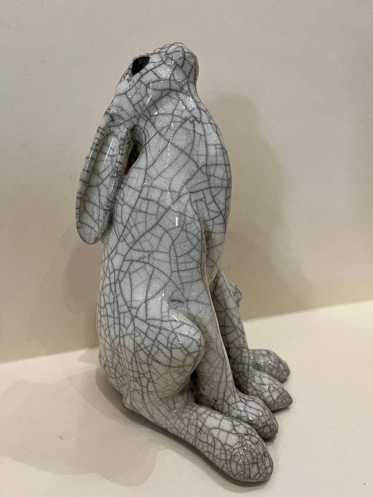 Ceramic hare sculpture, Medium Moongazer Hare Raku Sculpture by Paul Jenkins, grey glaze with dark crackle lines and long ears.