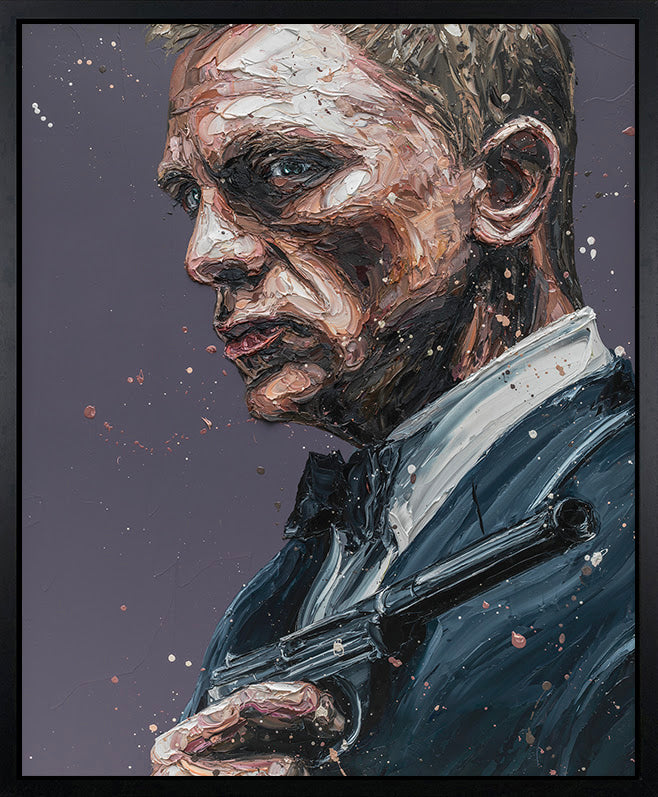 Hand-embellished canvas by Paul Oz, textured portrait of Daniel Craig in a dark blue suit holding a gun.