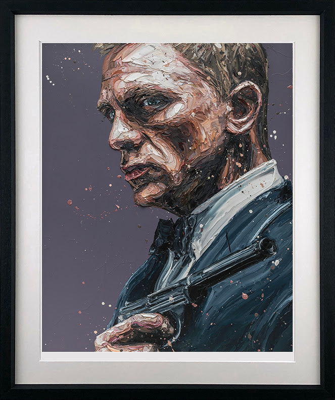 Framed Daniel Craig portrait print by Paul Oz, with expressive brushstrokes, muted colours and a dark suit holding a gun.