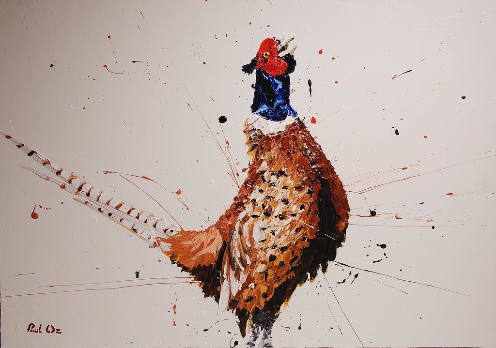 Pheasant giclée print by Paul Oz, with vibrant red, blue and brown brushwork and splattered details on paper.