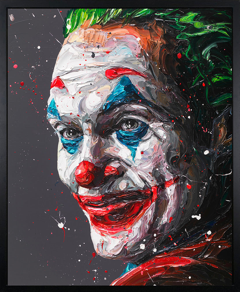Joker portrait canvas art by Paul Oz, featuring a white-painted face, red smile, blue eyes and green hair in bold brushstrokes.