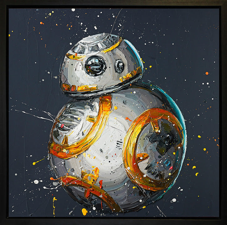 Hand-embellished canvas print by Paul Oz featuring a silver BB-8 droid with orange accents and expressive paint splashes.