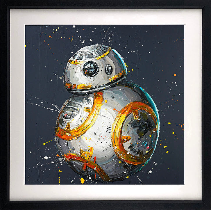 BB-8 paper print by Paul Oz, a colourful giclée artwork with expressive orange and silver brushstrokes on a dark background.