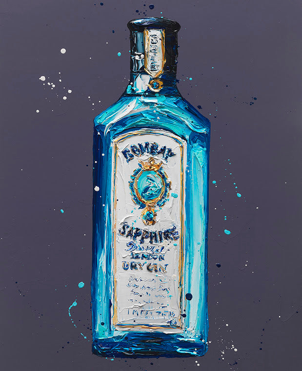 Acrylic painting of a Bombay Sapphire bottle by Paul Oz, vivid blue and turquoise brushstrokes with a white label and splatter details.